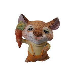 Vintage Hand Painted Country Mouse Figurine Holding Carrot